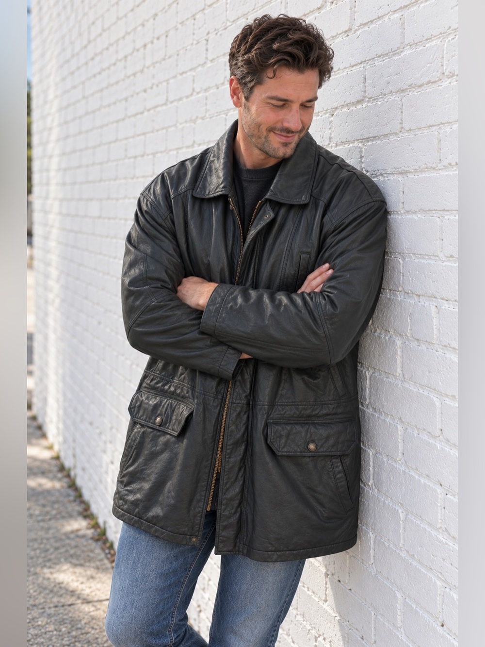 Vintage Black Leather fall Winter Jacket Coat Mens size XL 1990s grunge slouchy